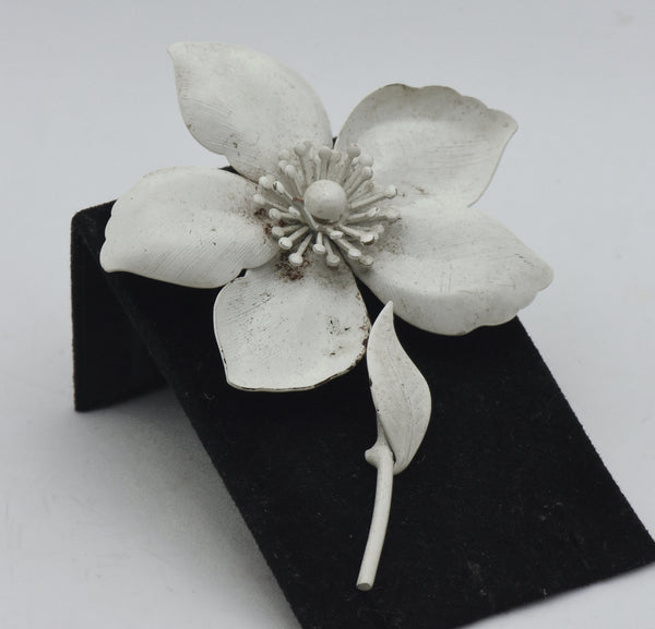 Vintage White Painted Metal Flower Brooch