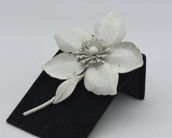 Vintage White Painted Metal Flower Brooch