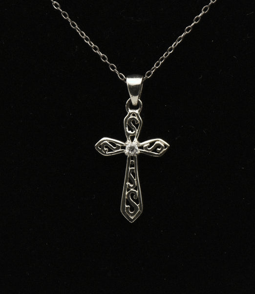 Vintage Sterling Silver Rhinestone Cross Pendant Chain Necklace - 18.5"