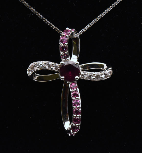 Garnet and Topaz Sterling Silver Cross Pendant on Sterling Silver Chain Necklace