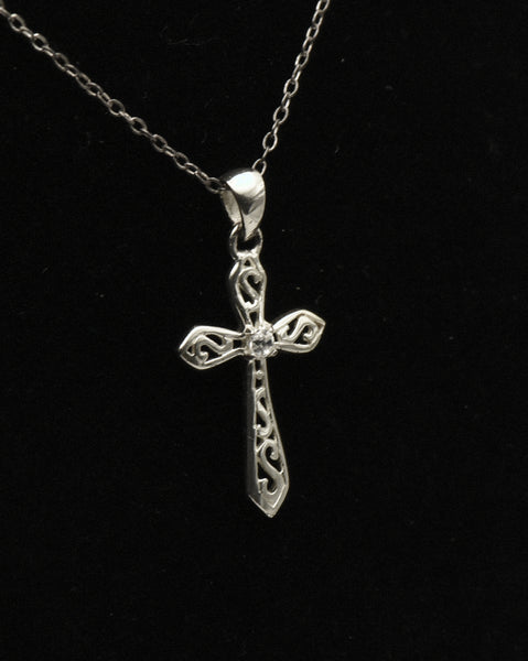 Vintage Sterling Silver Rhinestone Cross Pendant Chain Necklace - 18.5"