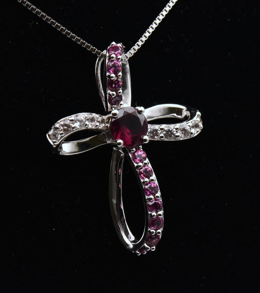 Garnet and Topaz Sterling Silver Cross Pendant on Sterling Silver Chain Necklace