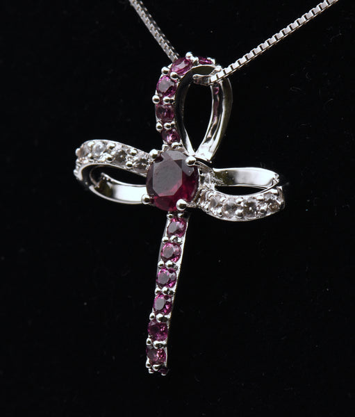 Garnet and Topaz Sterling Silver Cross Pendant on Sterling Silver Chain Necklace