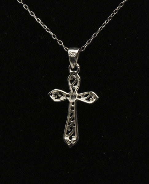 Vintage Sterling Silver Rhinestone Cross Pendant Chain Necklace - 18.5"