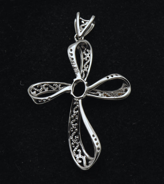 Vintage Sterling Silver with Gold Tone Semi-Mount Cross Pendant with Rhinestones