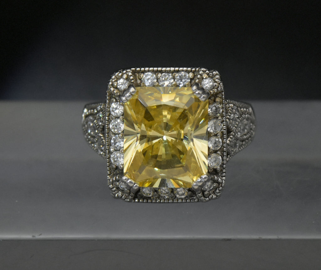 Vintage Yellow CZ Sterling Silver Halo Ring - Size 8