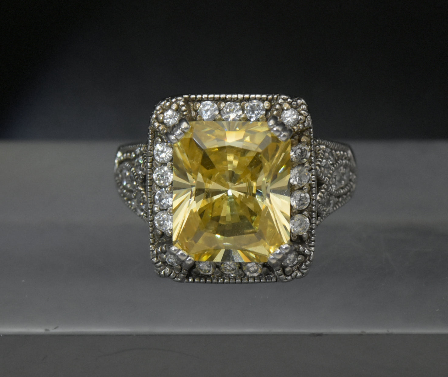 Vintage Yellow CZ Sterling Silver Halo Ring - Size 8