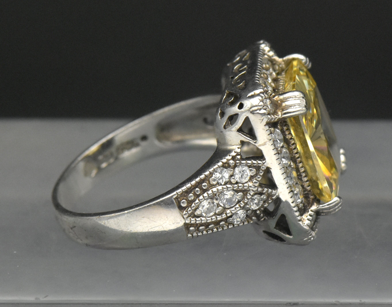 Vintage Yellow CZ Sterling Silver Halo Ring - Size 8