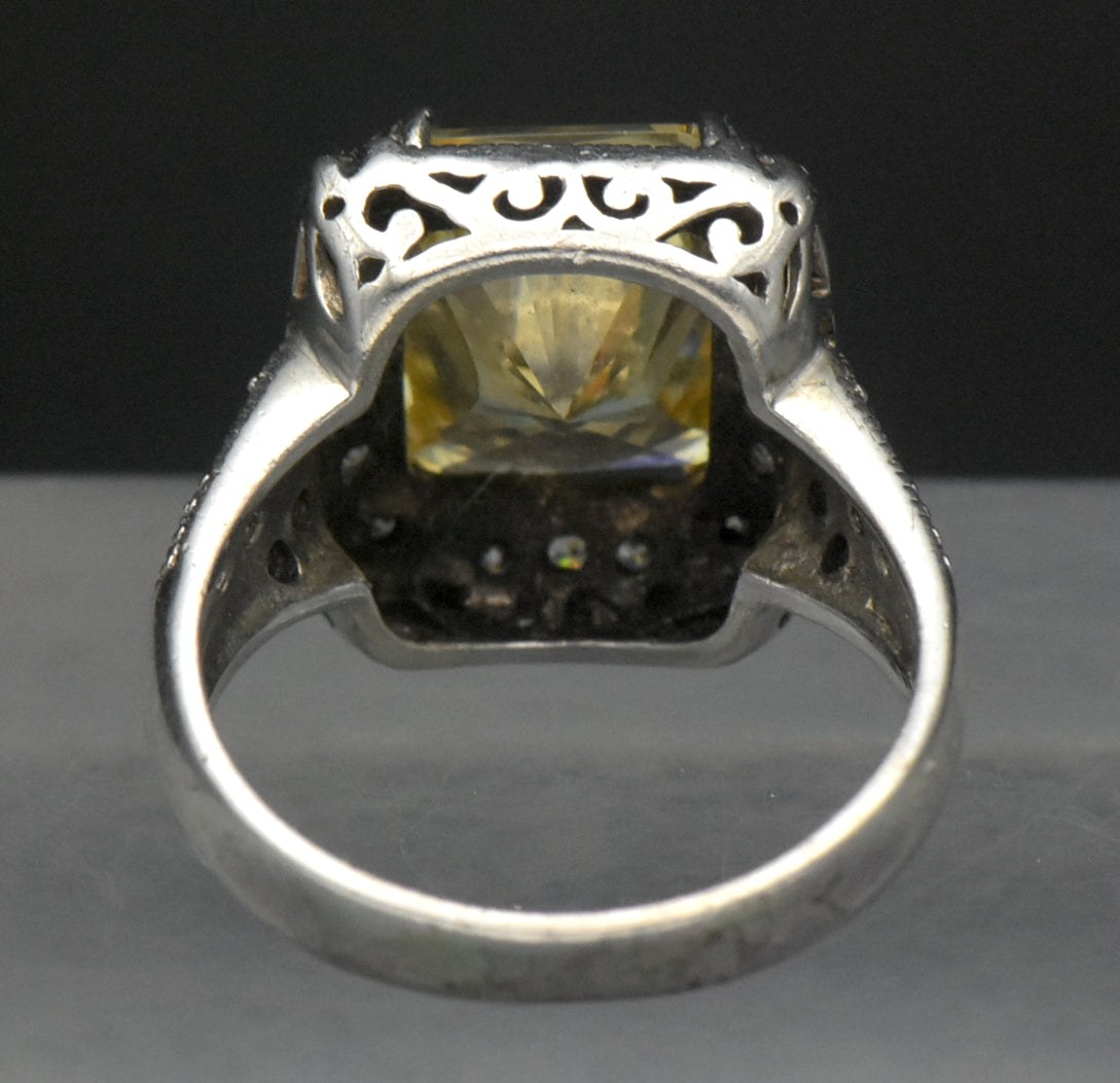 Vintage Yellow CZ Sterling Silver Halo Ring - Size 8