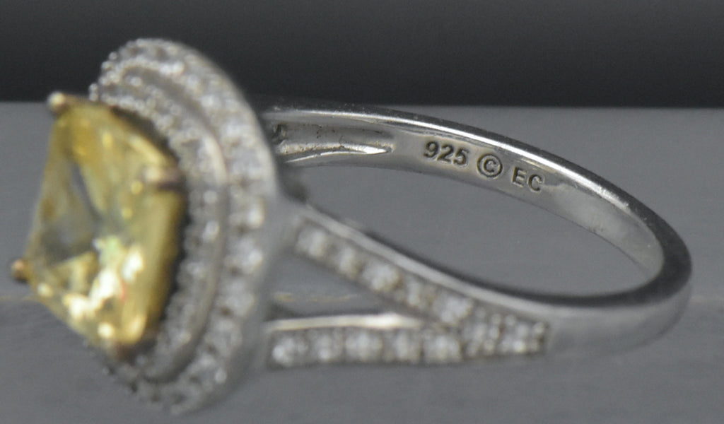 Vintage Yellow CZ Sterling Silver Halo Ring - Size 7