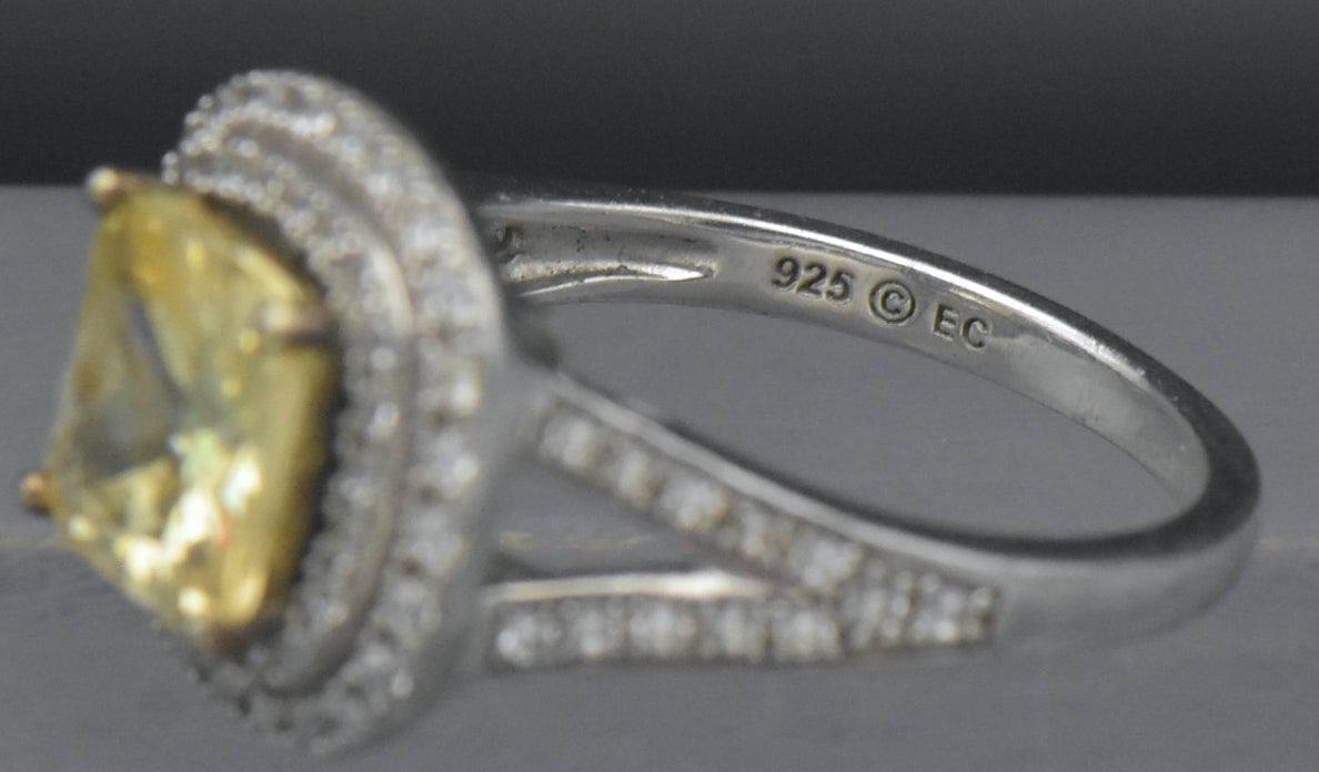 Vintage Yellow CZ Sterling Silver Halo Ring - Size 7