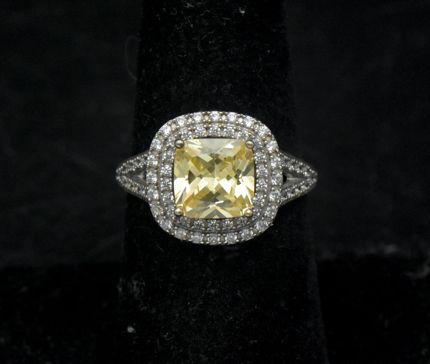 Vintage Yellow CZ Sterling Silver Halo Ring - Size 7