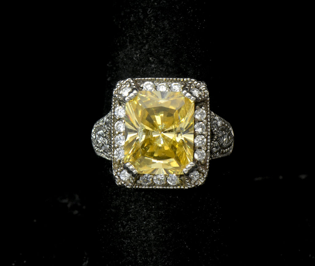 Vintage Yellow CZ Sterling Silver Halo Ring - Size 8