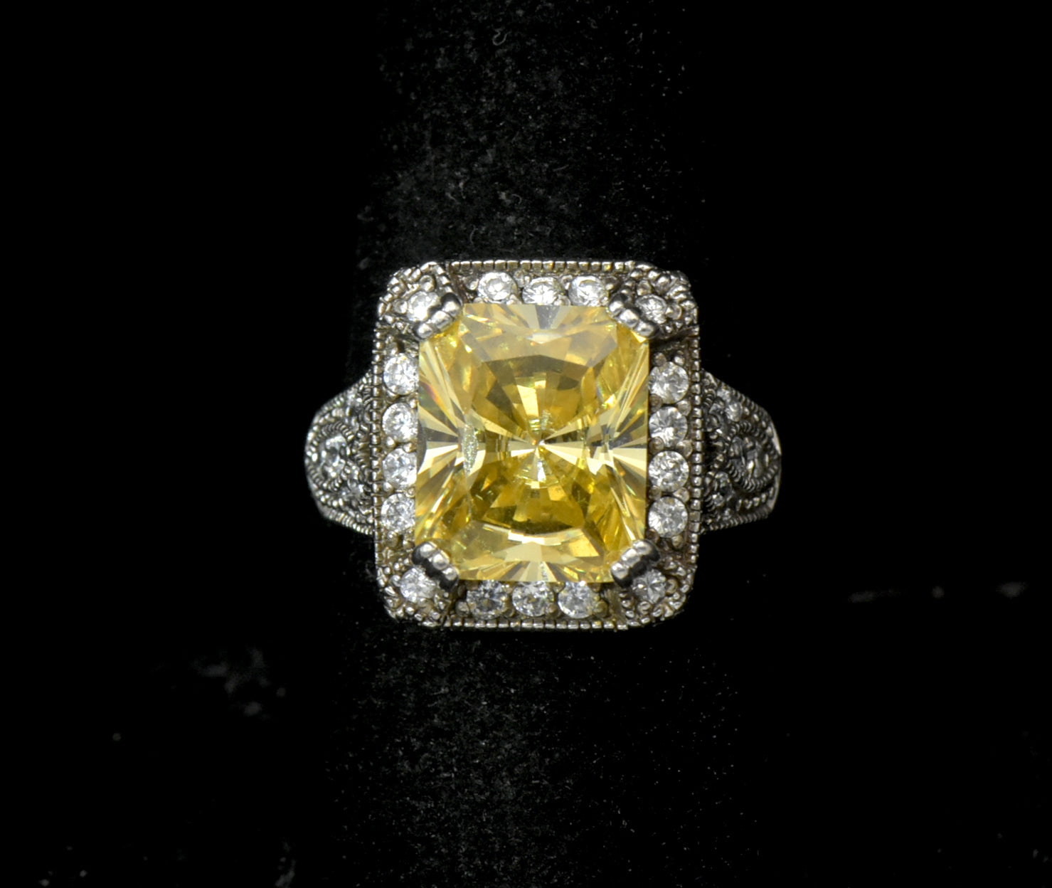 Vintage Yellow CZ Sterling Silver Halo Ring - Size 8