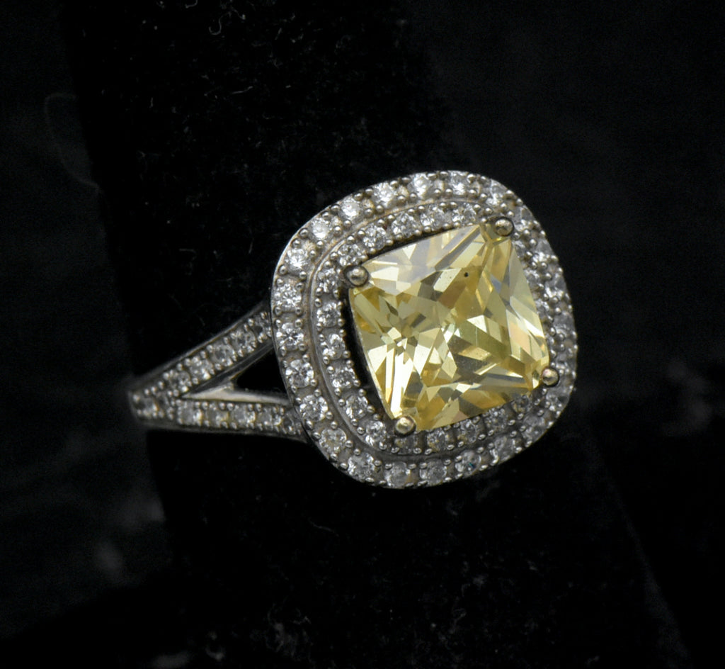 Vintage Yellow CZ Sterling Silver Halo Ring - Size 7
