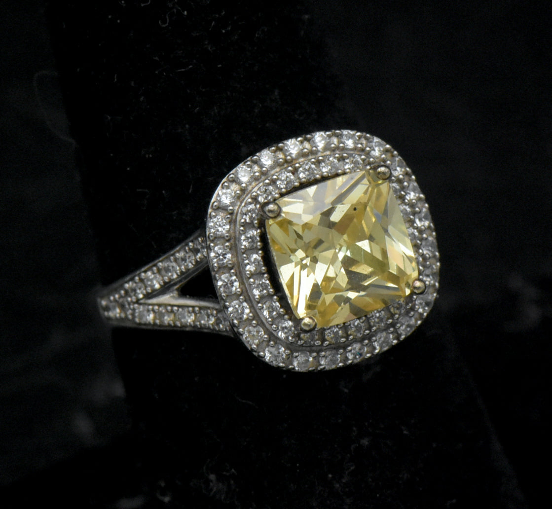 Vintage Yellow CZ Sterling Silver Halo Ring - Size 7