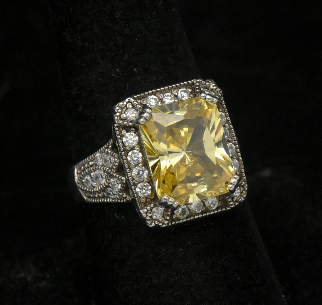 Vintage Yellow CZ Sterling Silver Halo Ring - Size 8