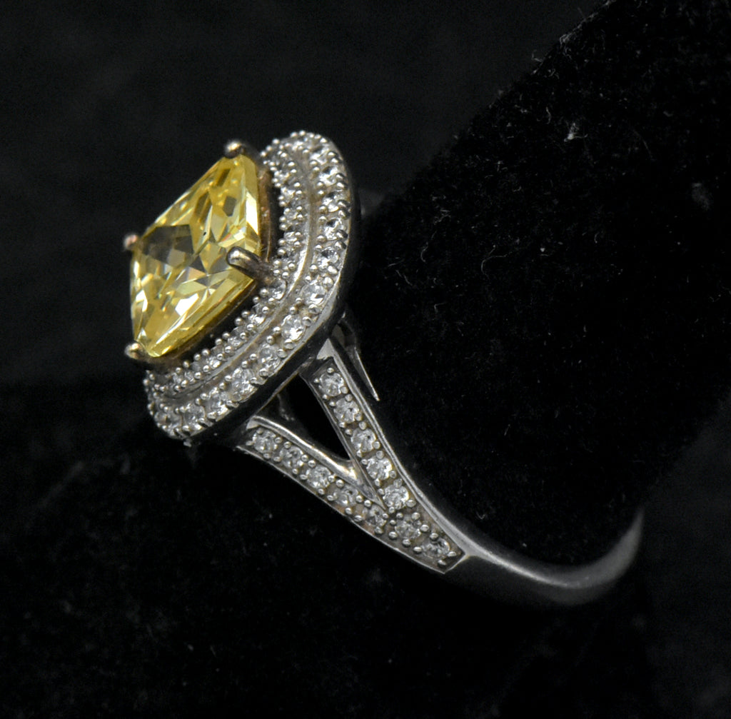 Vintage Yellow CZ Sterling Silver Halo Ring - Size 7