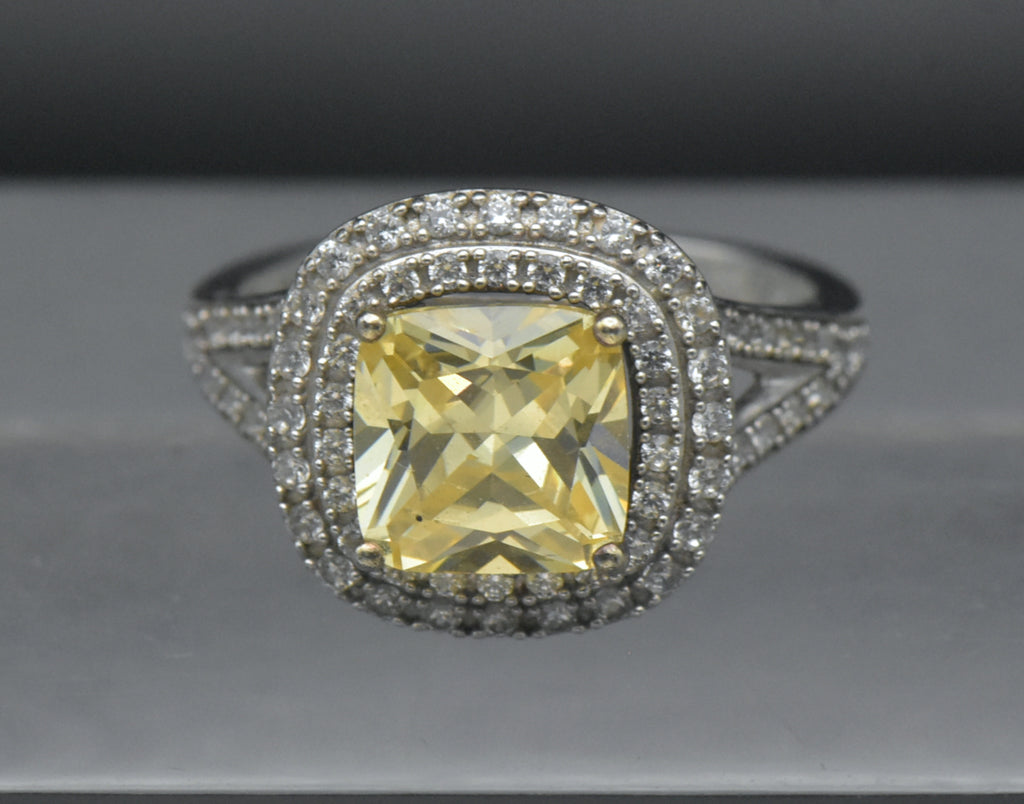 Vintage Yellow CZ Sterling Silver Halo Ring - Size 7