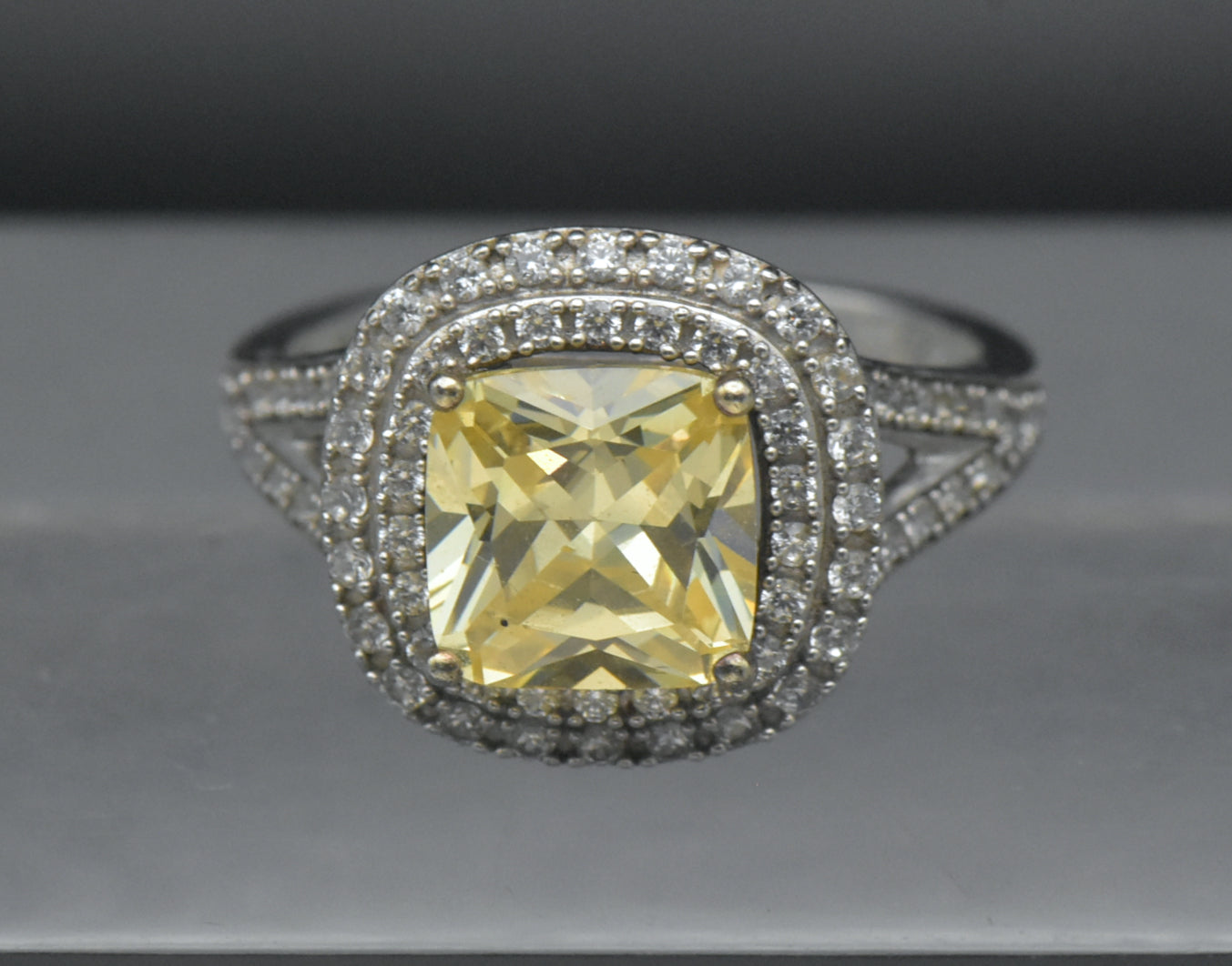 Vintage Yellow CZ Sterling Silver Halo Ring - Size 7