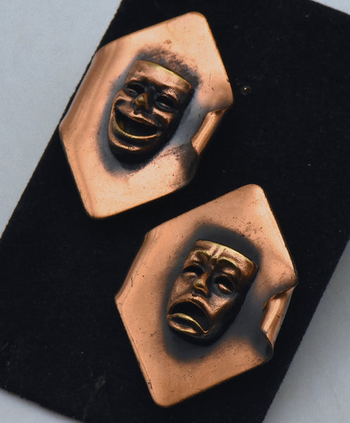 Vintage Pair of Copper Drama Masks Brooches