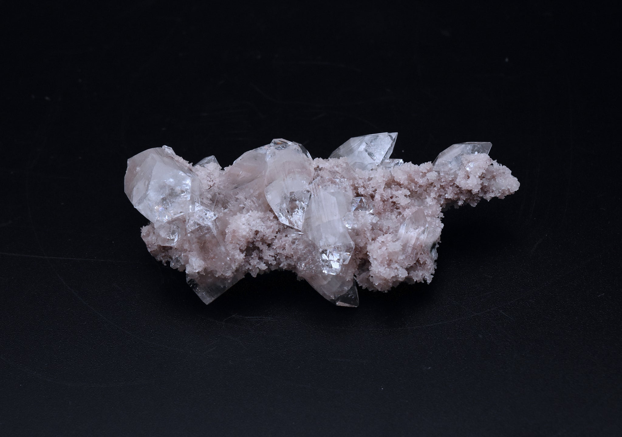 Apophylite Crystal Cluster on Ligh Pink Chalcedony Mineral Specimen - India