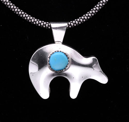 Vintage Handmade Turquoise and Sterling Silver Bear Pendant Necklace - 18.25"