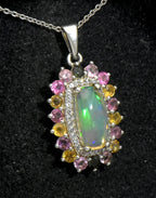 Vintage Opal, Tourmaline and Zircon Sterling Silver Pendant on Sterling Silver Chain Necklace - 20 Inches