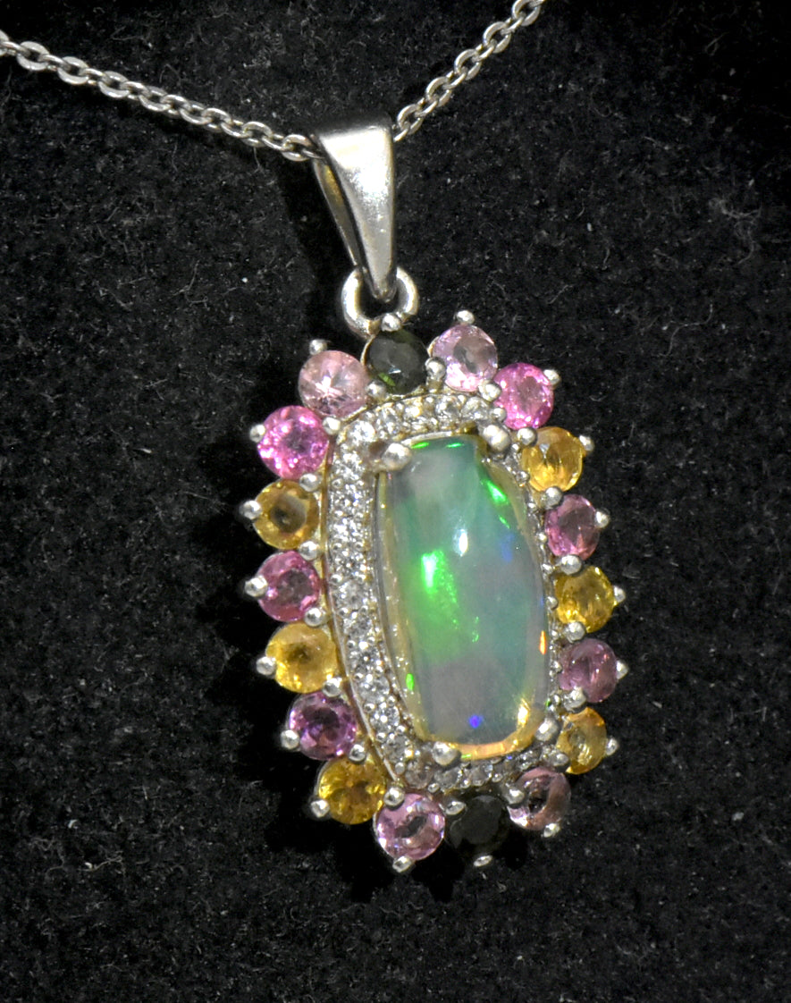 Vintage Opal, Tourmaline and Zircon Sterling Silver Pendant on Sterling Silver Chain Necklace - 20 Inches