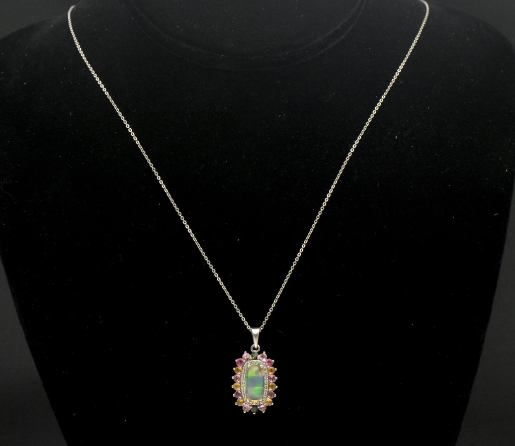 Vintage Opal, Tourmaline and Zircon Sterling Silver Pendant on Sterling Silver Chain Necklace - 20 Inches