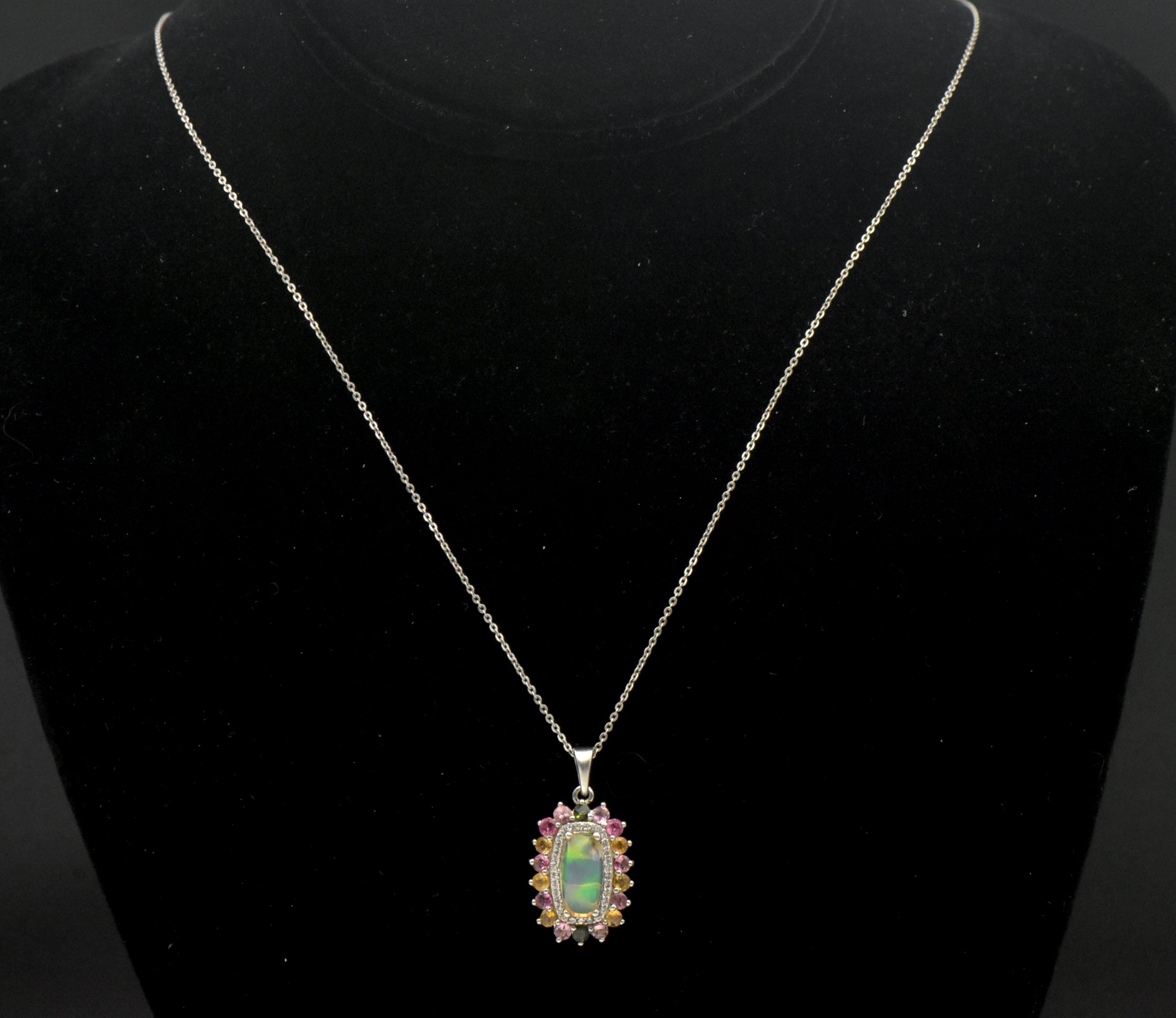 Vintage Opal, Tourmaline and Zircon Sterling Silver Pendant on Sterling Silver Chain Necklace - 20 Inches