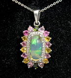 Vintage Opal, Tourmaline and Zircon Sterling Silver Pendant on Sterling Silver Chain Necklace - 20 Inches