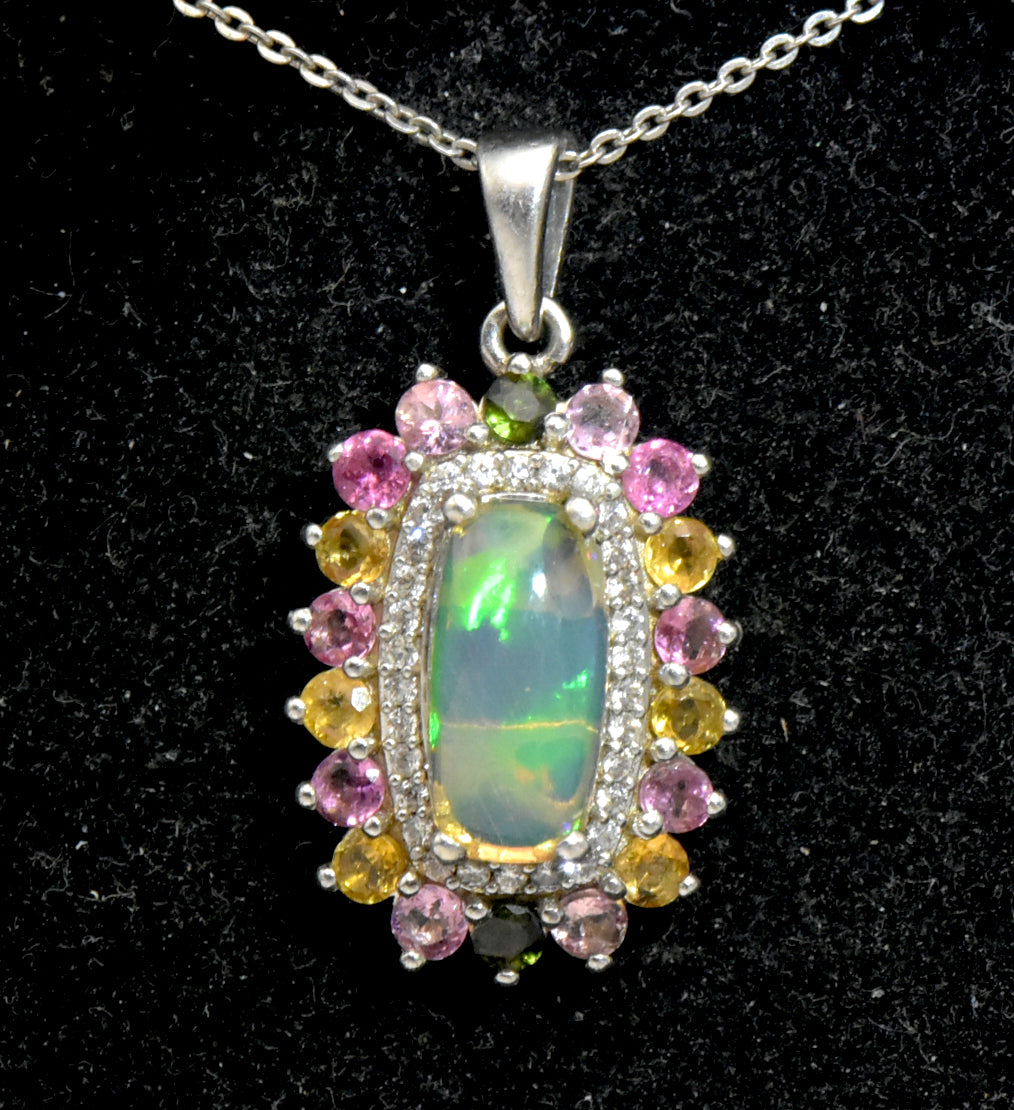 Vintage Opal, Tourmaline and Zircon Sterling Silver Pendant on Sterling Silver Chain Necklace - 20 Inches