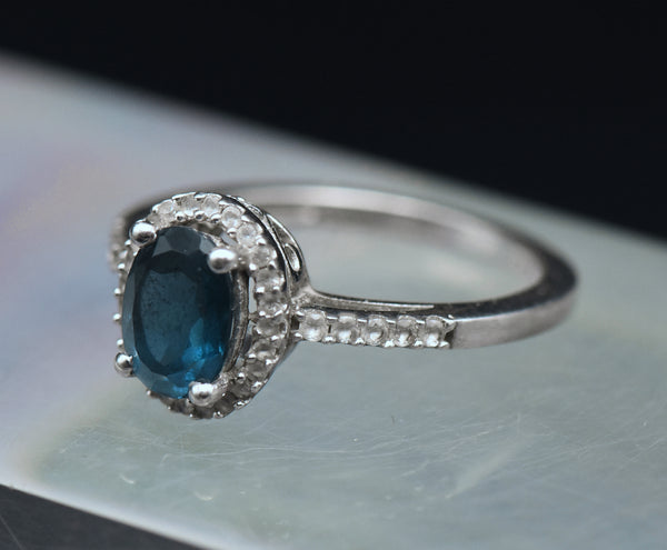 Vintage Blue Topaz Sterling Silver Halo Ring - Size 7