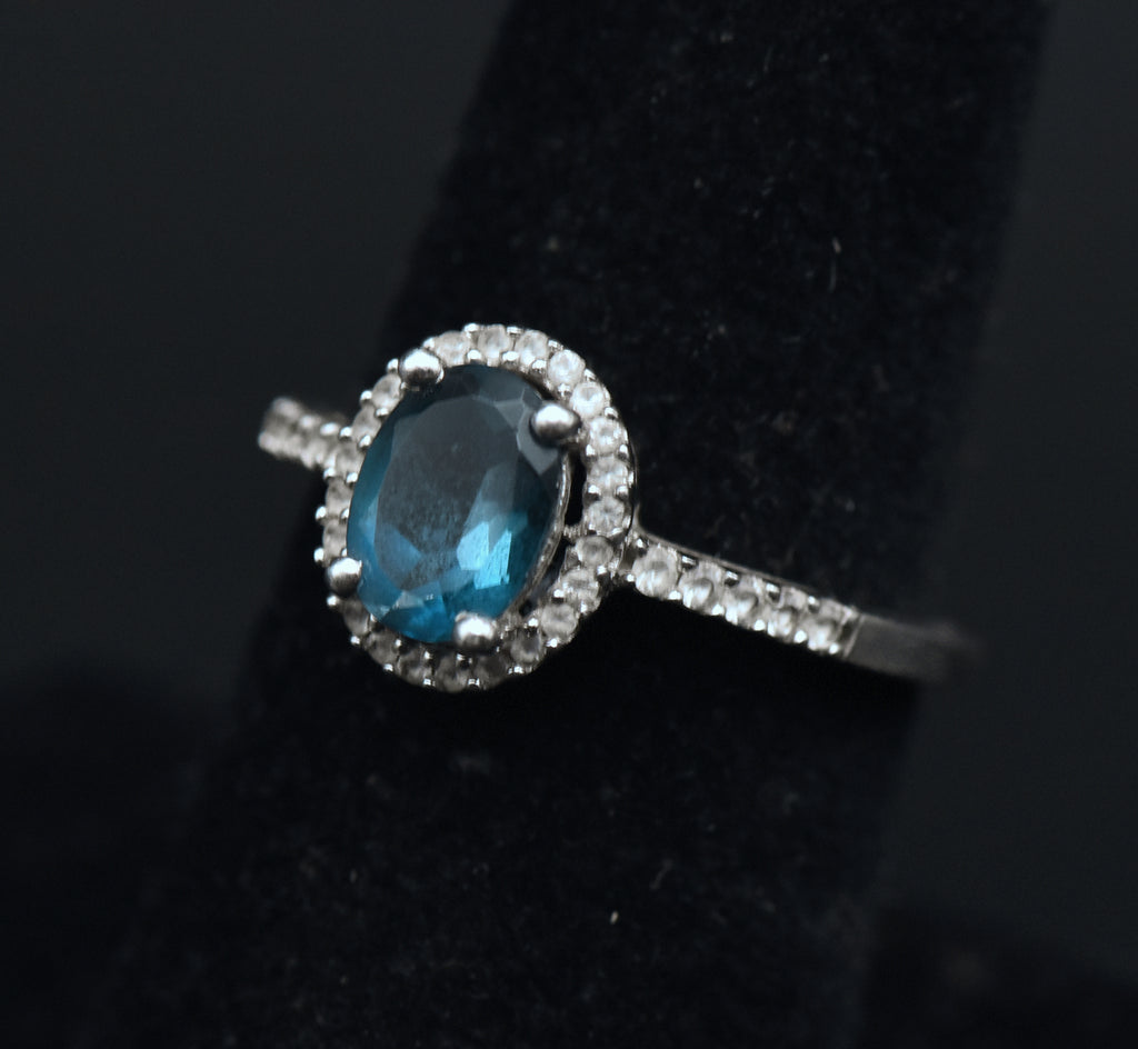 Vintage Blue Topaz Sterling Silver Halo Ring - Size 7