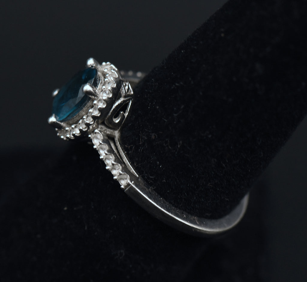 Vintage Blue Topaz Sterling Silver Halo Ring - Size 7