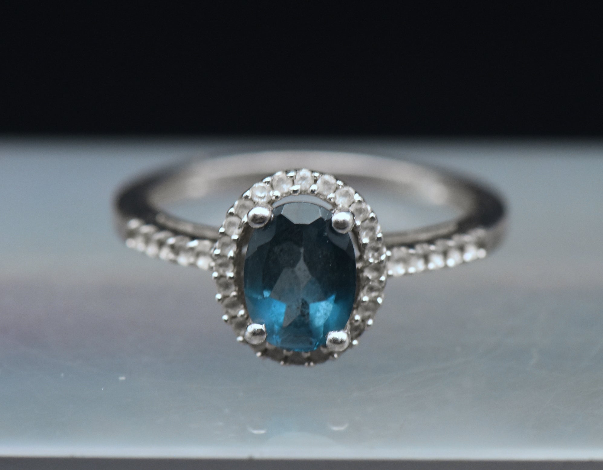 Vintage Blue Topaz Sterling Silver Halo Ring - Size 7