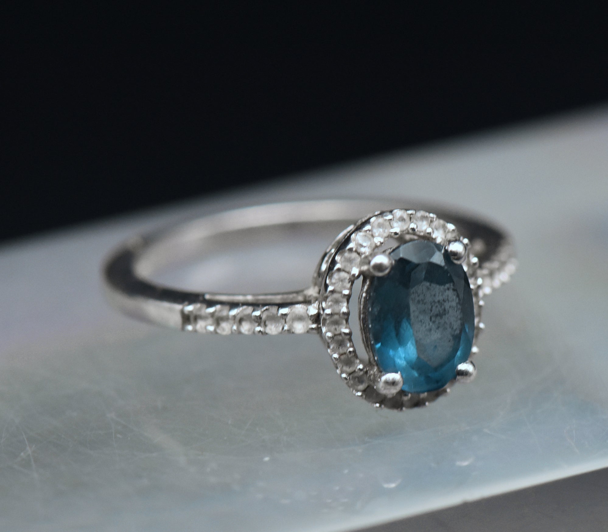 Vintage Blue Topaz Sterling Silver Halo Ring - Size 7