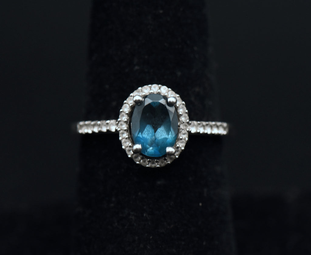 Vintage Blue Topaz Sterling Silver Halo Ring - Size 7
