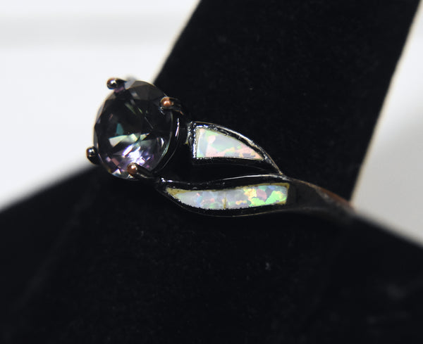 Vintage 10k White Gold Plated White Opal and Mystic Stone Ring - Size 9.75