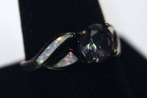 Vintage 10k White Gold Plated White Opal and Mystic Stone Ring - Size 9.75