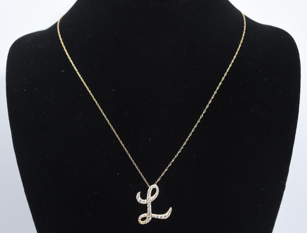 14k Gold Cubic Zirconia "L" Pendant on 14k Gold Chain Necklace