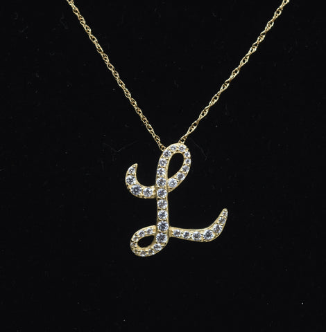 14k Gold Cubic Zirconia "L" Pendant on 14k Gold Chain Necklace