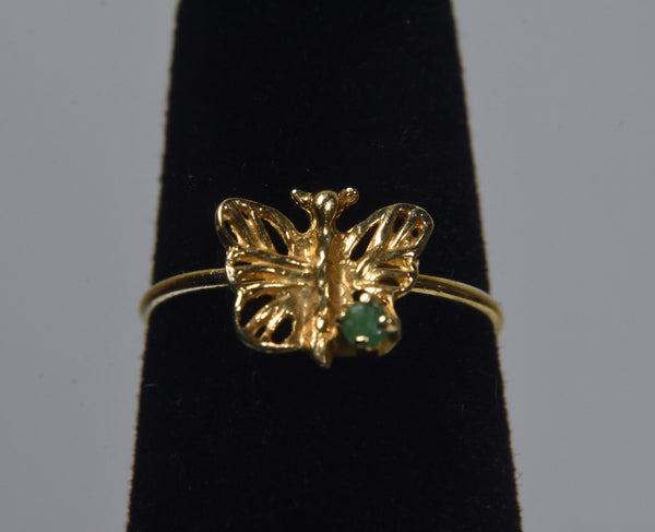14k Yellow Gold Butterfly Ring with Emerald - Size 2.75