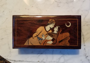Vintage Mahogany Inlaid Romantic Indian Scene Hinged Box