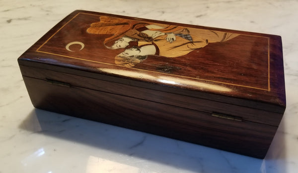 Vintage Mahogany Inlaid Romantic Indian Scene Hinged Box