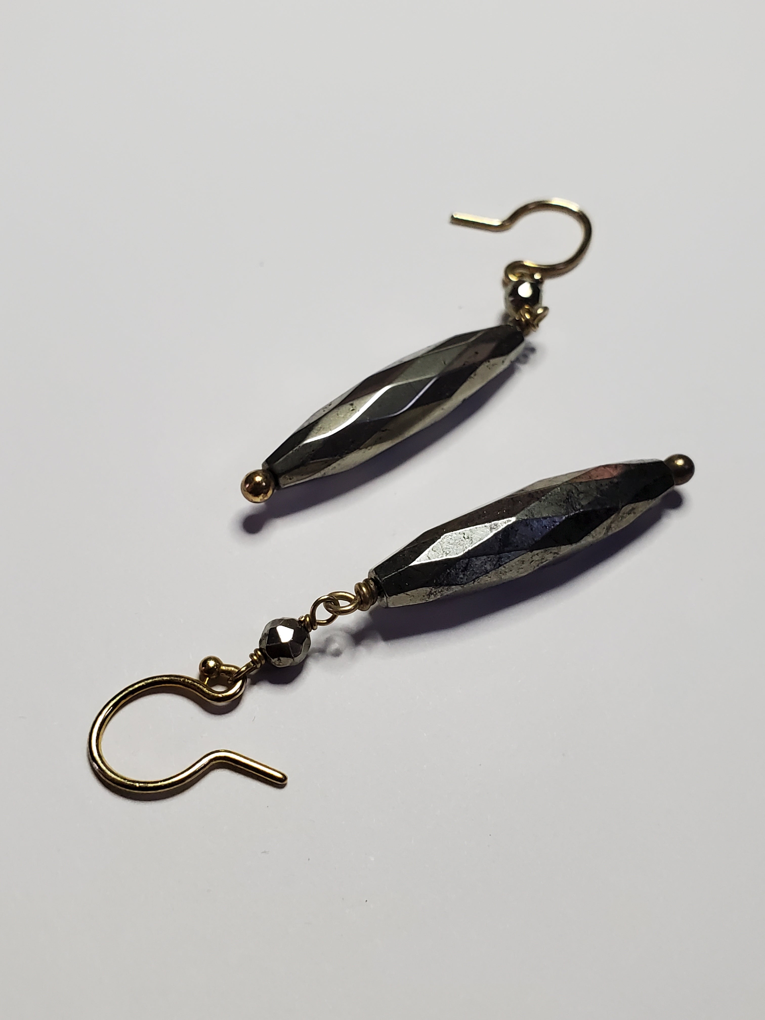 Long Pyrite Beaded Dangle Earrings