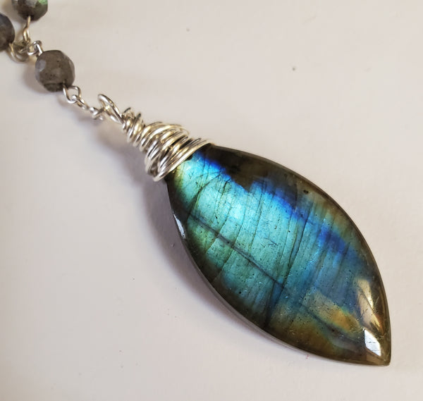 Labradorite Drop Pendant Sterling Silver Beaded Station Necklace