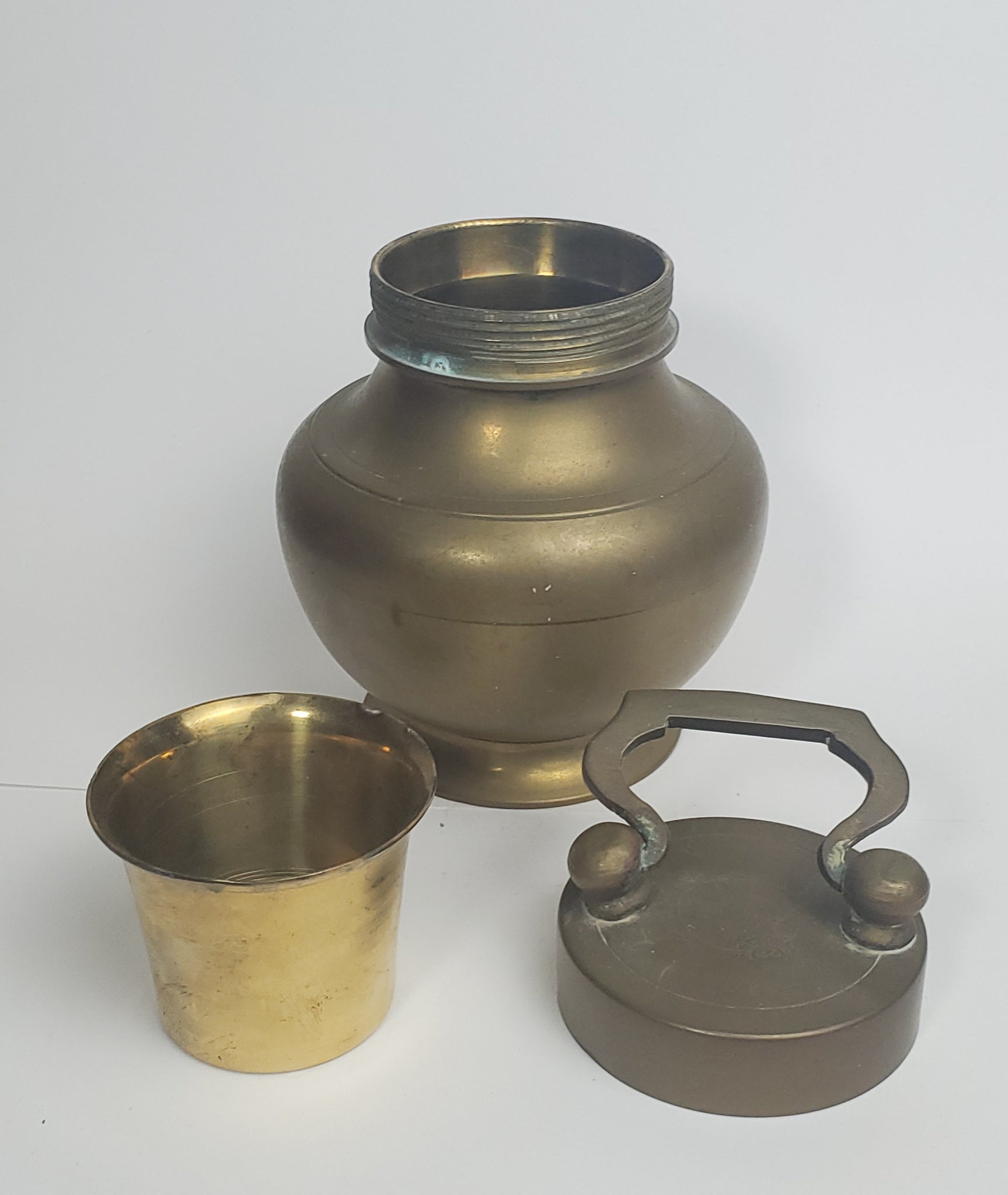 Vintage Indian Brass Water Jug w/ Built-in Brass Cup