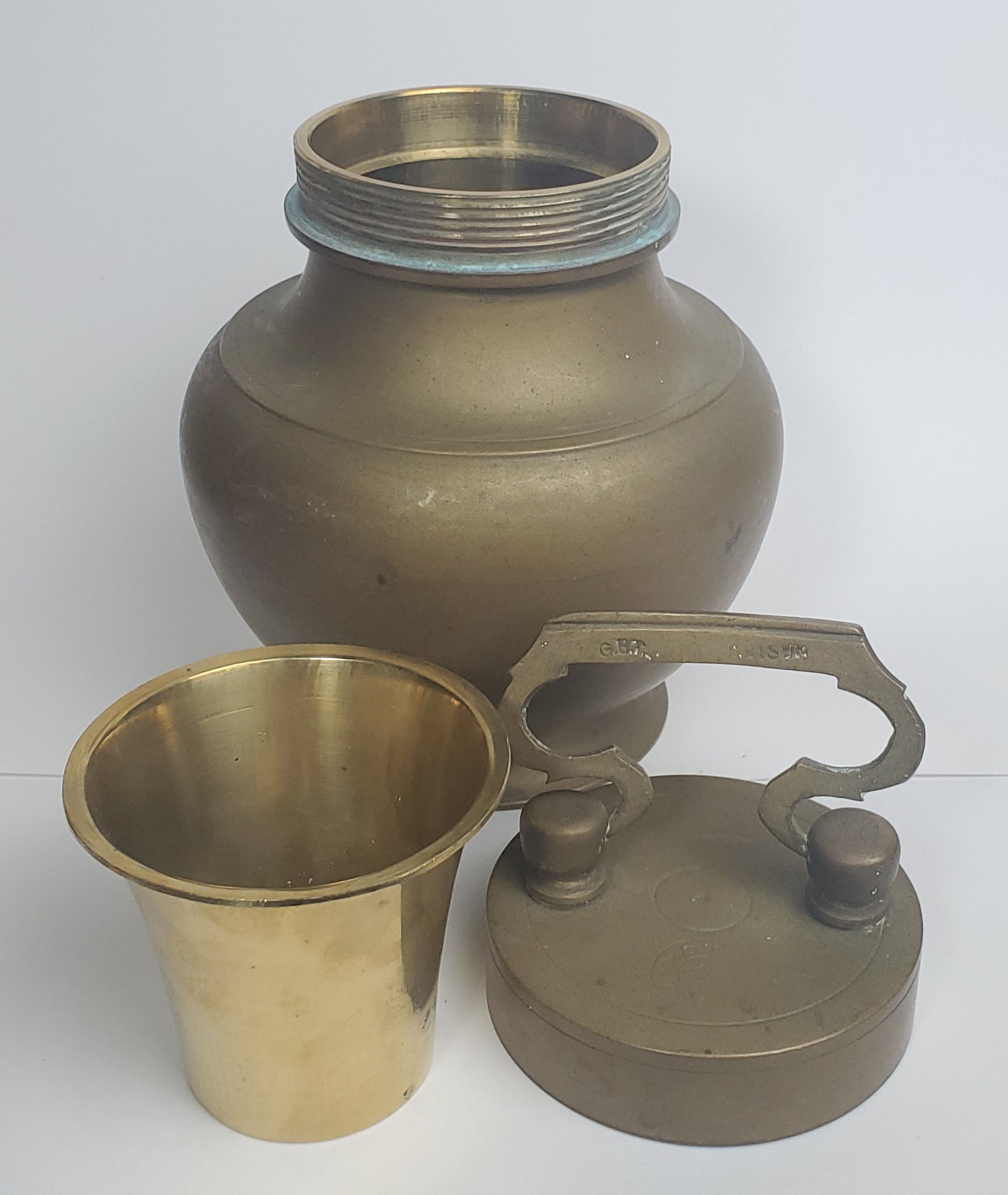 Vintage Indian Brass Water Jug w/ Built-in Brass Cup